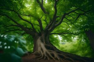 un grande árbol con raíces en el medio de un bosque. generado por ai foto