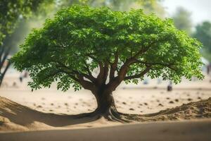 a tree growing out of the sand in the desert. AI-Generated photo