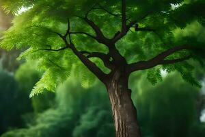 un árbol en el medio de un campo con verde hojas. generado por ai foto