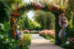 an archway with flowers and greenery in the garden. AI-Generated photo
