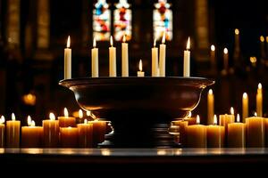 candles are lit in a church with candles. AI-Generated photo