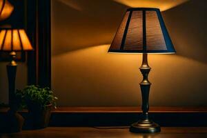 a lamp is on a table in front of a window. AI-Generated photo
