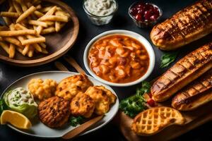 a variety of food including french fries, waffles, and other foods. AI-Generated photo