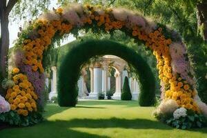 un grande arco hecho de flores en el medio de un césped. generado por ai foto