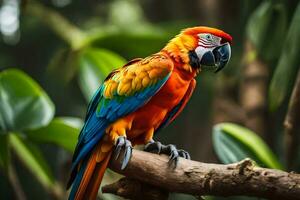 a colorful parrot sits on a branch in the jungle. AI-Generated photo