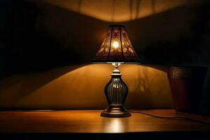 a lamp on a table in the dark. AI-Generated photo