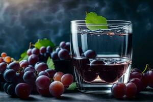 a glass of water with grapes and leaves. AI-Generated photo