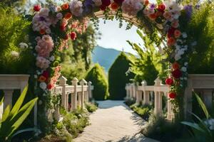 a walkway with flowers and greenery in the background. AI-Generated photo