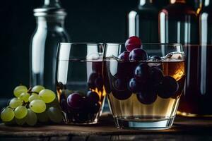 two glasses of wine with grapes and bottles. AI-Generated photo