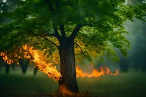 a tree with flames coming out of it in the middle of the forest. AI-Generated photo