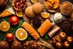 various foods including bread, cheese, meat, and fruit on a wooden table. AI-Generated photo