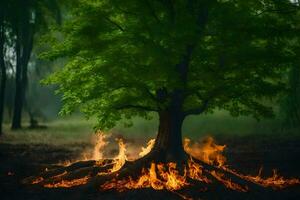 a tree with flames coming out of it in the middle of a forest. AI-Generated photo