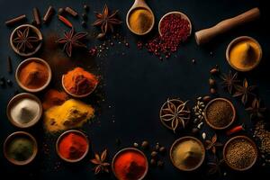 spices and spices on a black background. AI-Generated photo