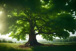 un grande árbol en el medio de un campo. generado por ai foto