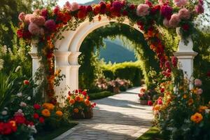 an archway with flowers and greenery. AI-Generated photo