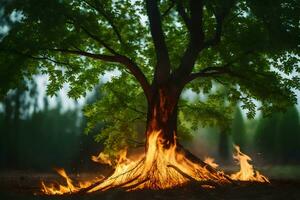 a tree with flames coming out of it. AI-Generated photo