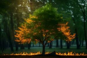 a tree with orange leaves in the middle of a forest. AI-Generated photo