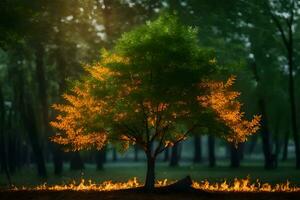 un árbol con naranja hojas en el medio de un bosque. generado por ai foto