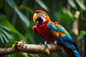 a colorful parrot sits on a branch. AI-Generated photo