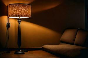 a lamp is sitting on a table in front of a couch. AI-Generated photo