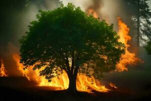 a tree is burning in the forest. AI-Generated photo