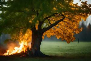 a tree is burning in the grass with a foggy background. AI-Generated photo