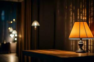 a table with a lamp on it in a dark room. AI-Generated photo