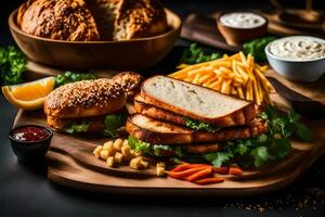 sandwiches and fries on a wooden board. AI-Generated photo