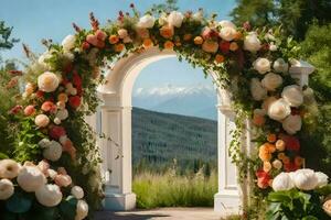 an archway with flowers and mountains in the background. AI-Generated photo
