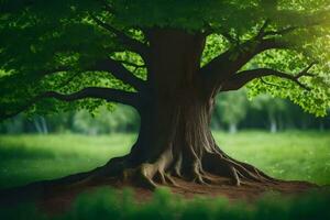 a large tree with roots in the grass. AI-Generated photo