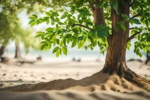 a tree on the beach with sand and people in the background. AI-Generated photo