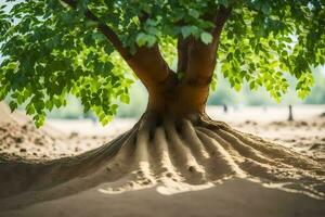 a tree with roots growing out of the sand. AI-Generated photo