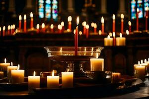 velas son iluminado en un Iglesia con velas generado por ai foto