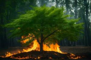 a tree is burning in the middle of a forest. AI-Generated photo