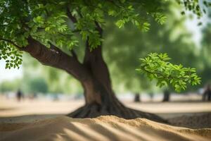 a tree in the sand with a sand dune in the background. AI-Generated photo