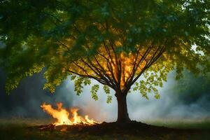 a tree with flames coming out of it in the middle of the night. AI-Generated photo