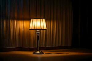 a lamp is sitting on a table in the dark. AI-Generated photo