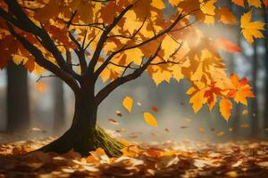an autumn tree with leaves blowing in the wind. AI-Generated photo