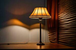 a lamp on a table in front of a window. AI-Generated photo