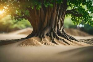 a tree with roots in the sand. AI-Generated photo