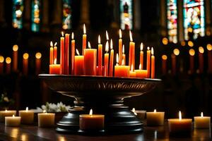candles are lit in a church with candles. AI-Generated photo