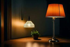 a lamp and a plant on a table. AI-Generated photo