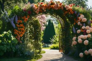 an archway with flowers and a path leading to it. AI-Generated photo