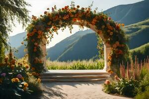 an archway with orange flowers in front of mountains. AI-Generated photo