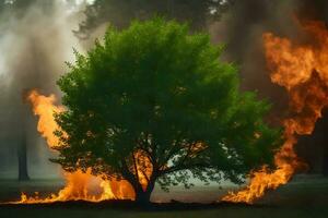 a tree is burning in the middle of a field. AI-Generated photo