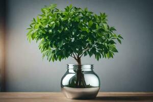 a small tree in a glass vase on a table. AI-Generated photo