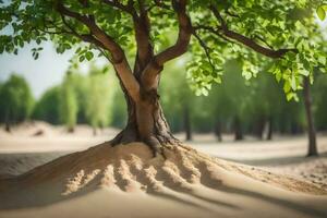 a tree with roots growing out of the sand. AI-Generated photo