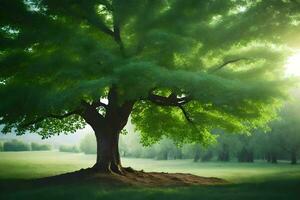 un árbol es mostrado en el medio de un campo. generado por ai foto