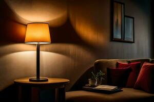 a lamp is on in a dark room. AI-Generated photo