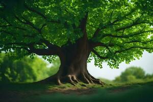 un árbol con raíces en el medio de un campo. generado por ai foto